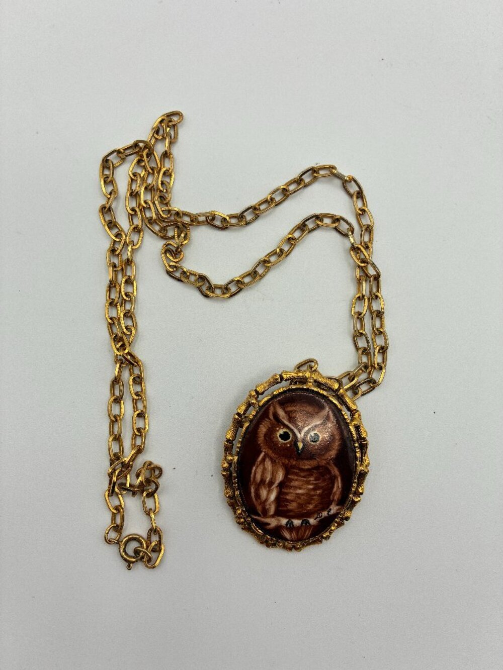 Vintage Handpainted Owl Brooch Pendant Pin Gold Tone Chain Mid Century Signed